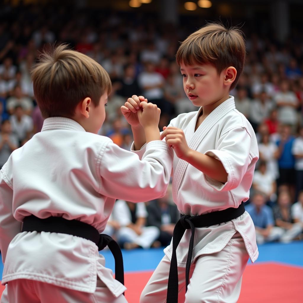 Cậu bé karate đang thi đấu với đối thủ trong một trận đấu karate.