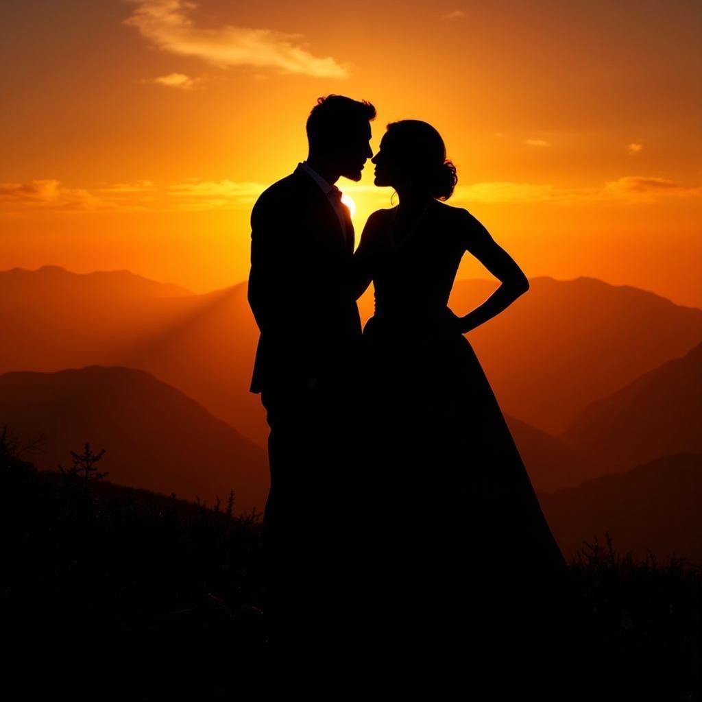 Couple embracing against a sunset backdrop