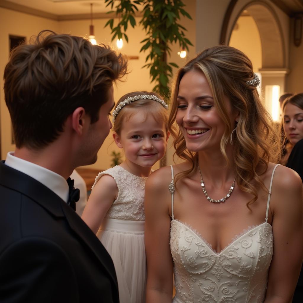 A couple celebrating their wedding with close friends and family in an intimate setting.