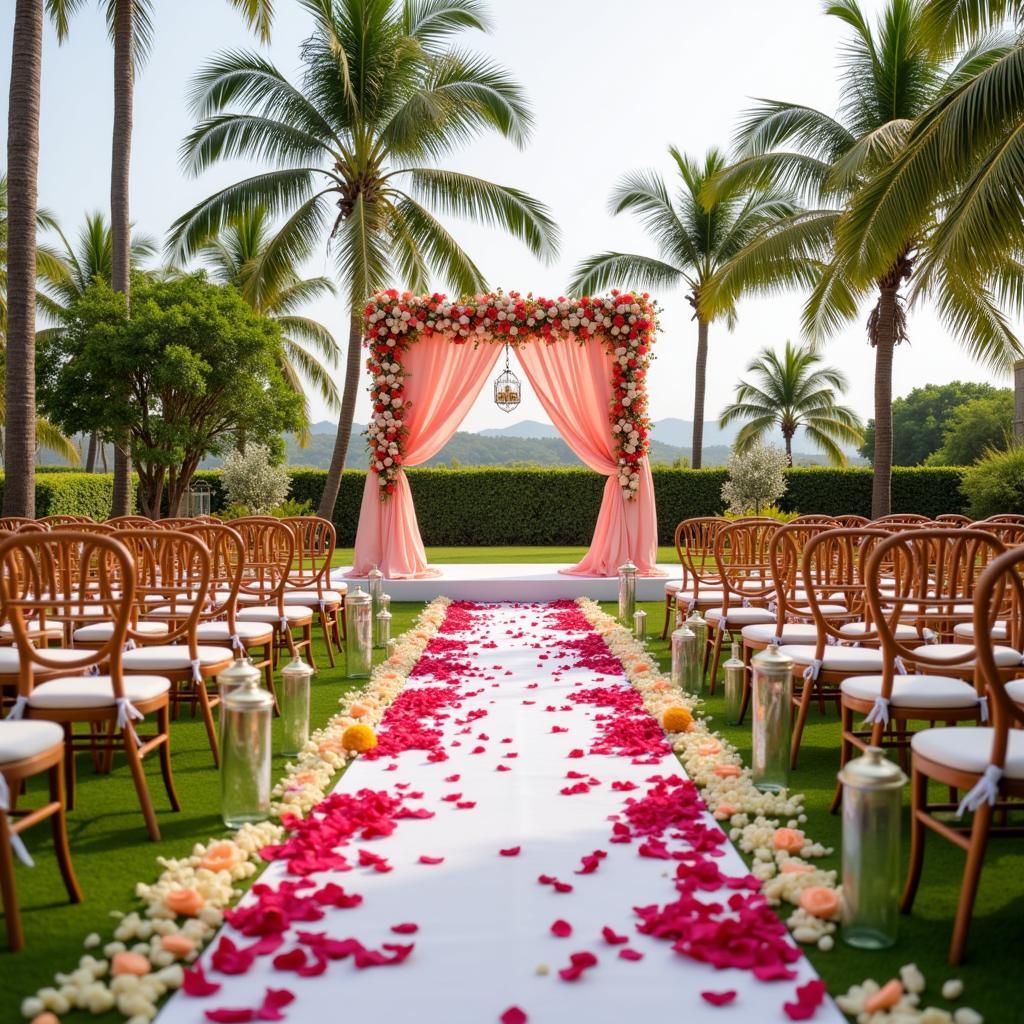 Wedding ceremony with a focus on budget-friendly decorations and arrangements.