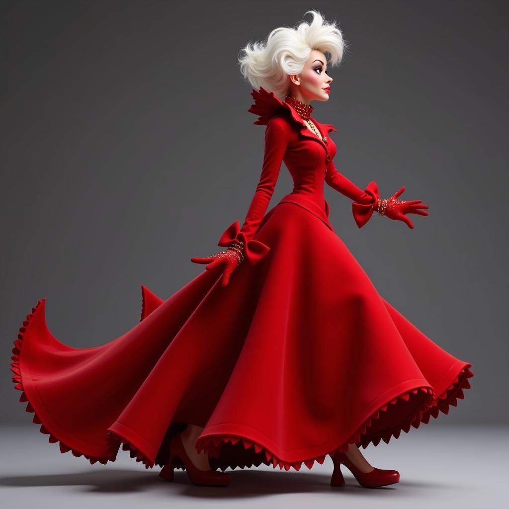 Cruella de Vil in her extravagant red dress