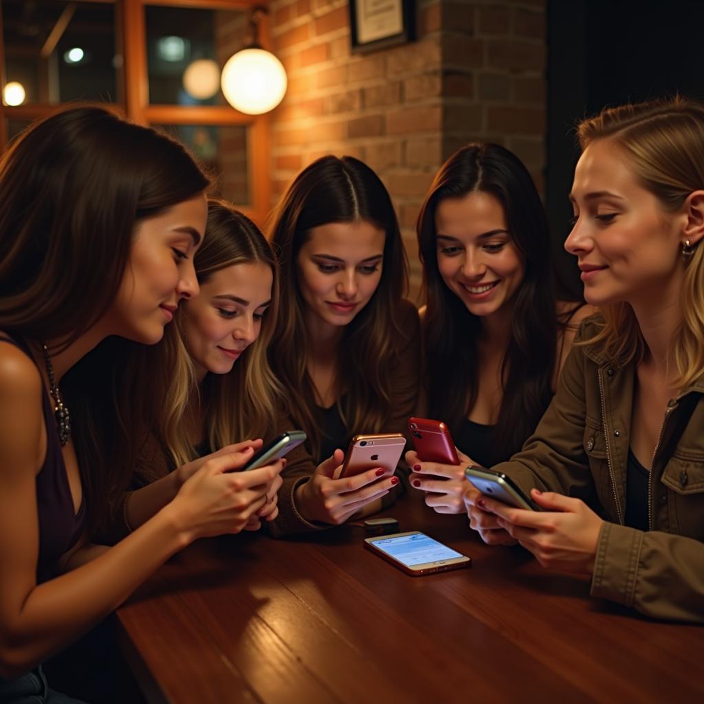 A group of friends choosing ringtones on their phones