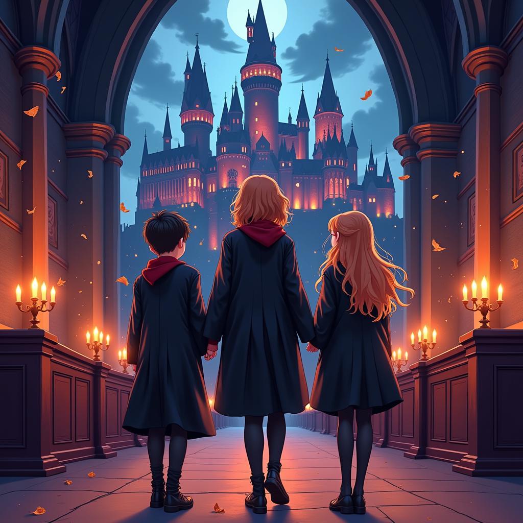 Harry, Ron, Hermione trong Hogwarts phong cách anime