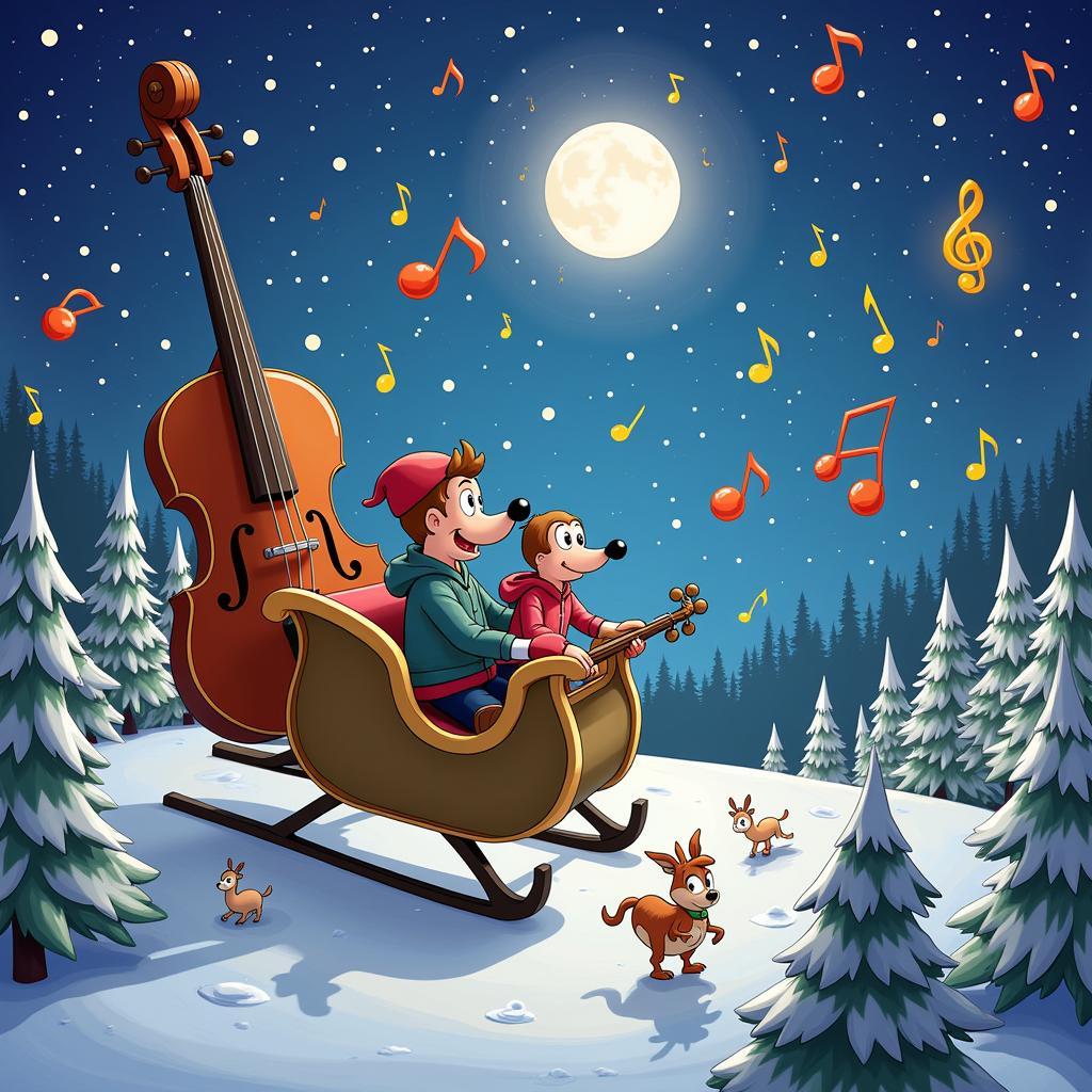 Hoạt hình Zing Jingle Bells: Các nhân vật bước vào thế giới âm nhạc đầy màu sắc, với những nốt nhạc bay lượn và nhạc cụ khổng lồ