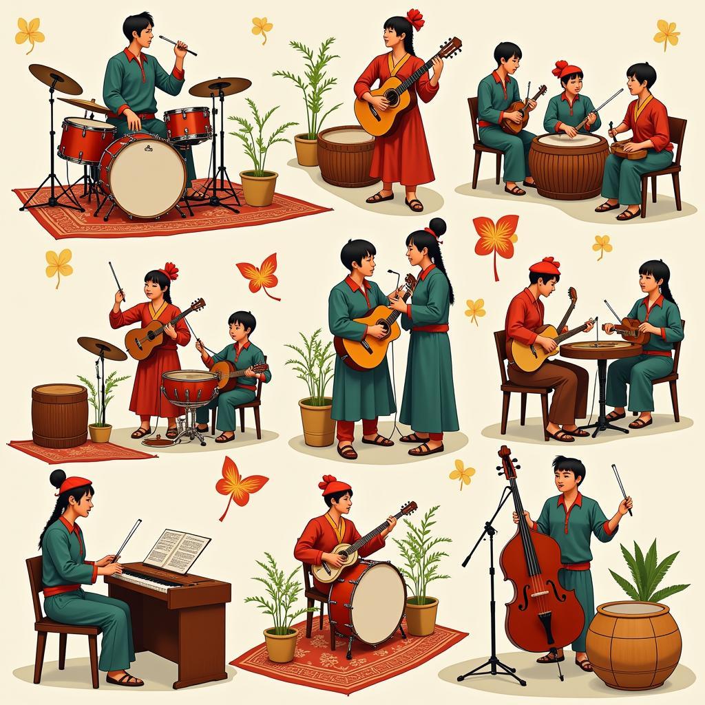 A vibrant collage showcasing the diversity of Vietnamese music genres, from traditional folk songs to modern pop hits.