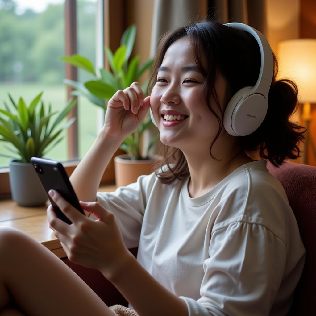 Hình ảnh người dùng đang thư giãn nghe nhạc Diễm Xưa Khánh Ly trên ứng dụng Zing MP3, trên tay cầm chiếc điện thoại thông minh.