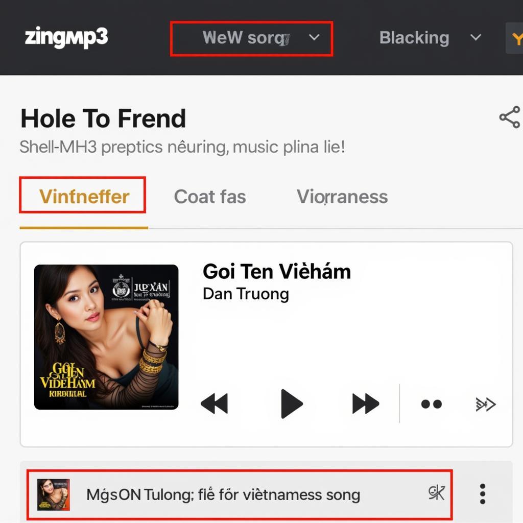 Giao diện Zing MP3 với bài hát Gọi Tên Việt Nam