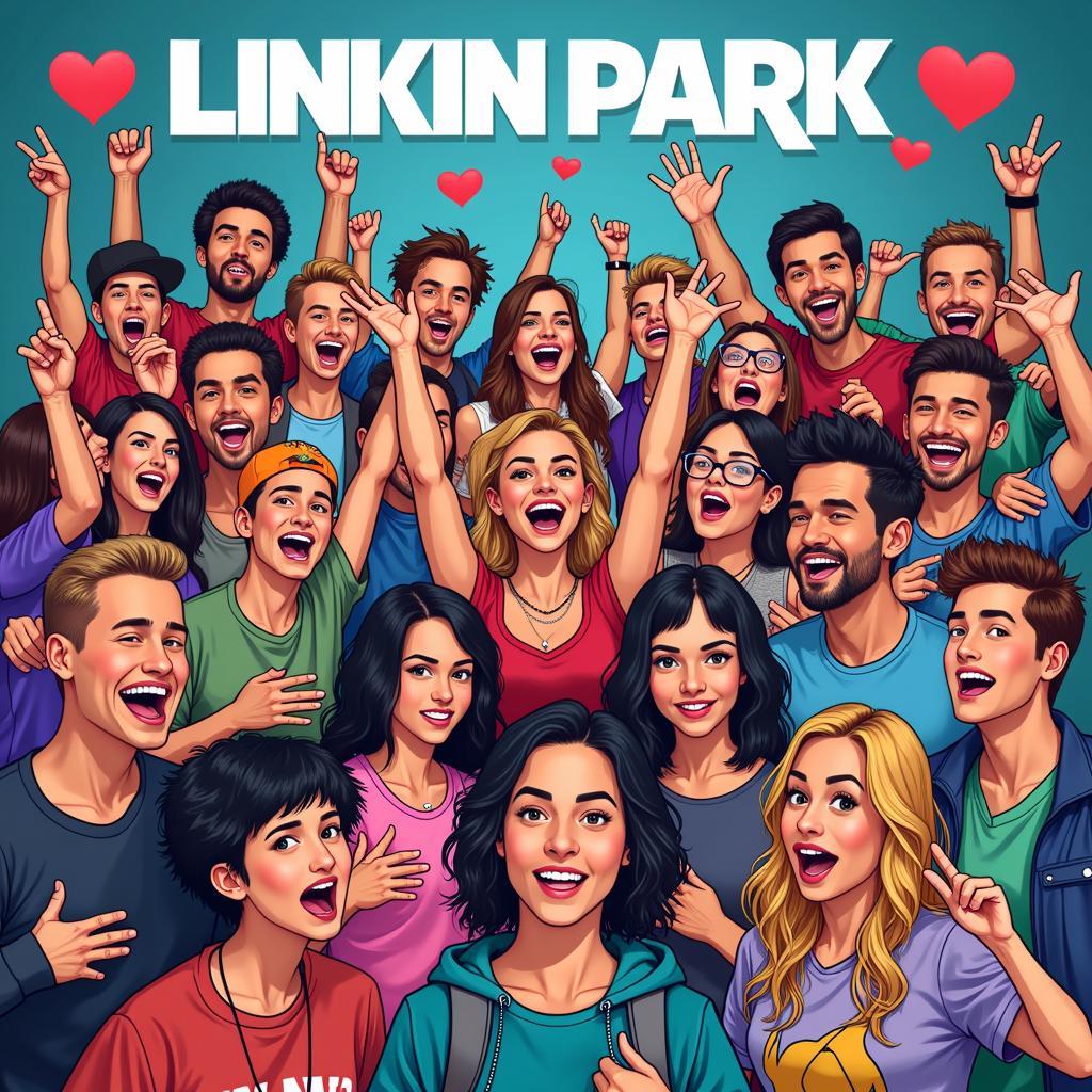 A diverse group of gamers on Zing Game celebrating Linkin Park's music