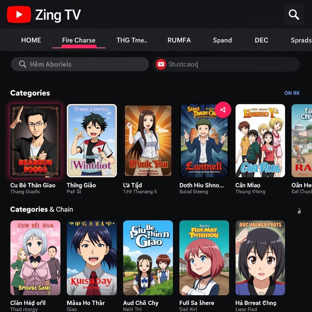 Giao diện Zing TV với danh sách anime