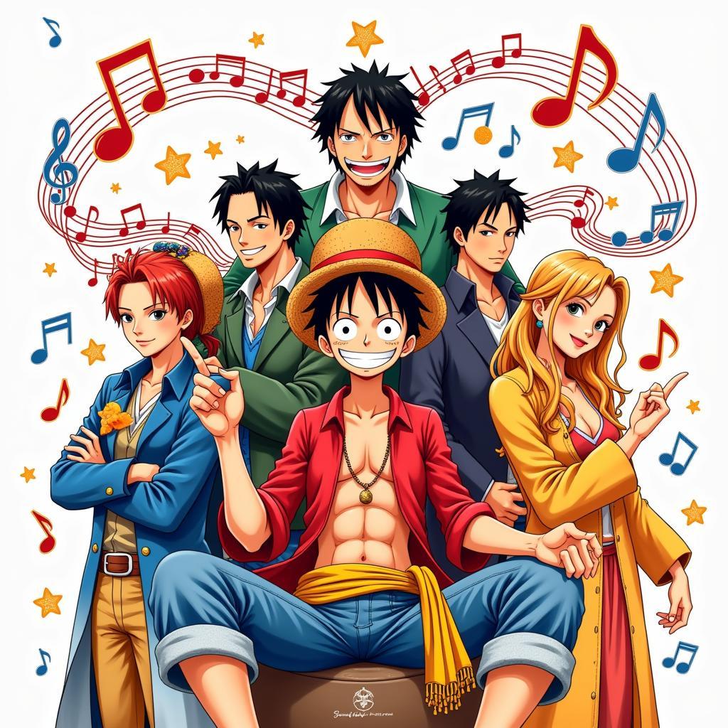 Hình ảnh các nhân vật One Piece với biểu tượng âm nhạc