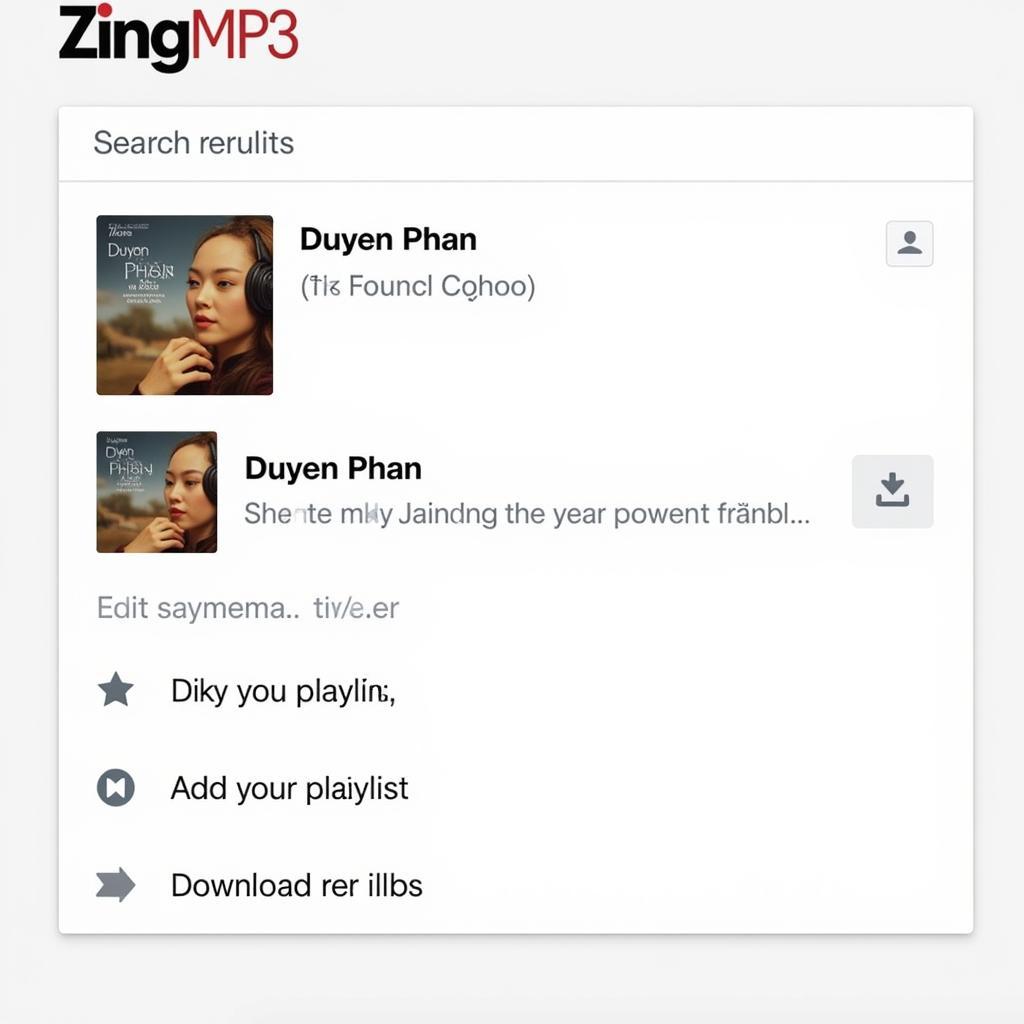 Giao diện Zing MP3 khi tìm kiếm bài hát Duyên Phận