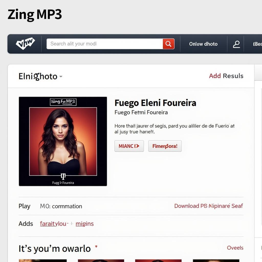 Giao diện Zing MP3 khi tìm kiếm Fuego