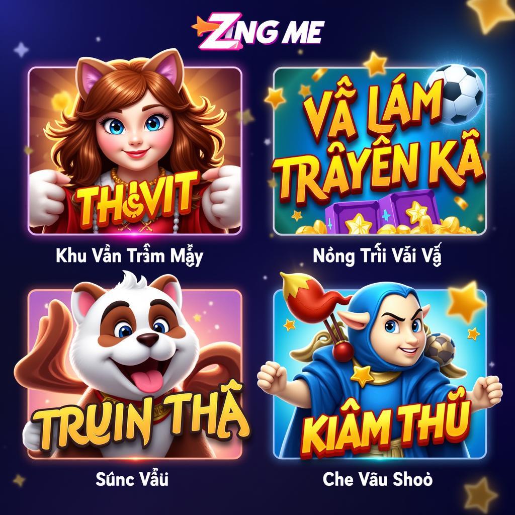 Game đỉnh cao trên Zing Me: Hình ảnh collage các tựa game nổi tiếng trên Zing Me như Khu Vườn Trên Mây, Nông Trại Vui Vẻ, Võ Lâm Truyền Kỳ, Kiếm Thế...