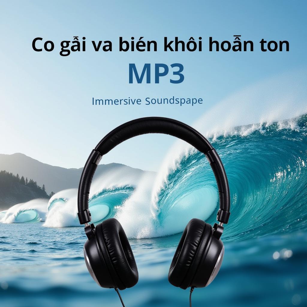 Giai điệu biển khơi trên Zing MP3 - Hình ảnh minh họa tai nghe phát ra giai điệu "Cô gái và biển khơi hoắn tôn", với phông nền là hình ảnh sóng biển dạt dào.