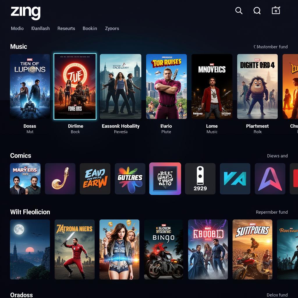 Giải trí đa phương tiện Zing: Hình ảnh minh họa giao diện Zing với các nội dung giải trí đa dạng như phim, nhạc, truyện tranh.
