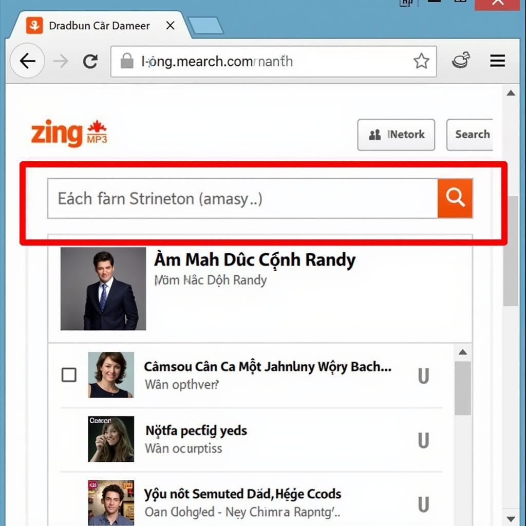 Giao diện tìm kiếm "Đắm Mò Cuộc Tình Randy" trên Zing MP3
