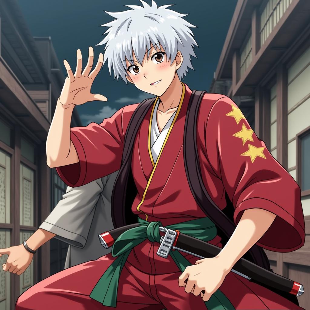 Gintoki Sakata, nhân vật chính trong Gintama, với vẻ ngoài hài hước và phong cách samurai đặc trưng.