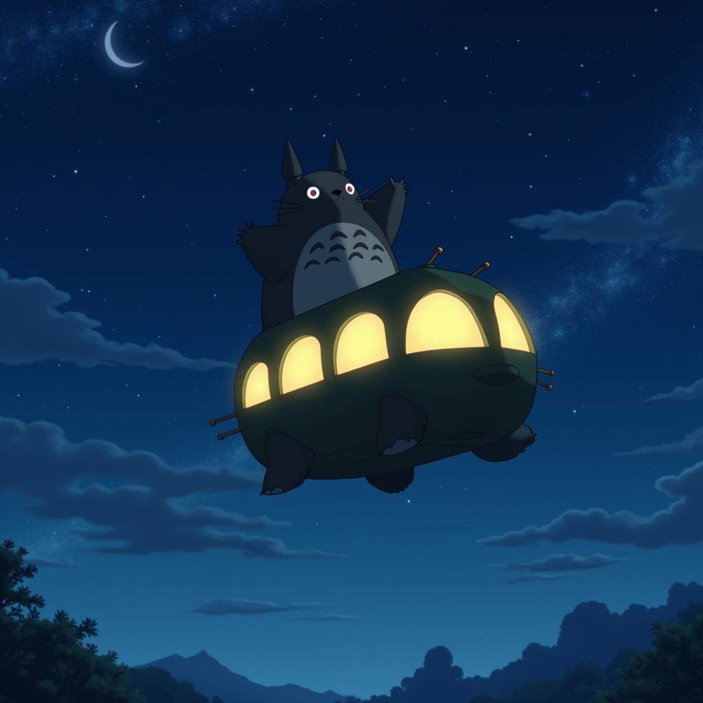 Totoro và Catbus bay trên bầu trời đêm