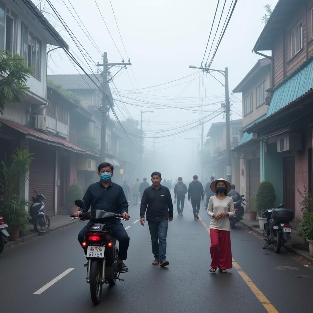 Người dân đeo khẩu trang để bảo vệ sức khỏe trong thời tiết sương mù dày đặc ở miền Tây