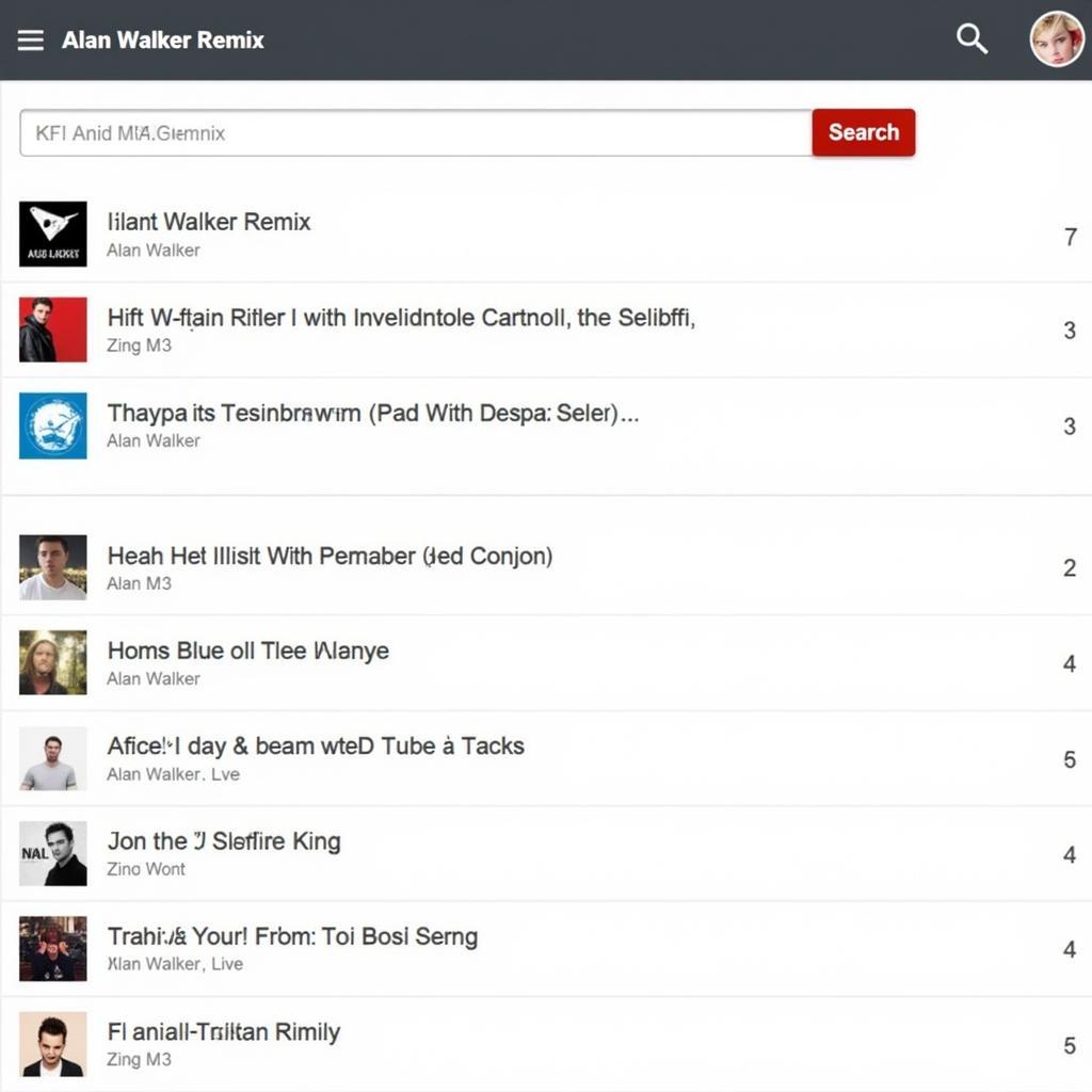 Giao diện tìm kiếm nhạc Alan Walker remix trên Zing MP3