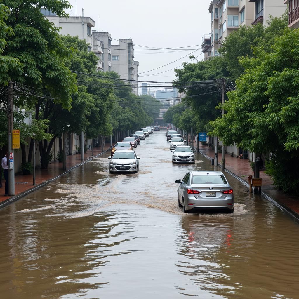 Triều cường dâng cao tại quận 2, gây ngập úng nghiêm trọng.