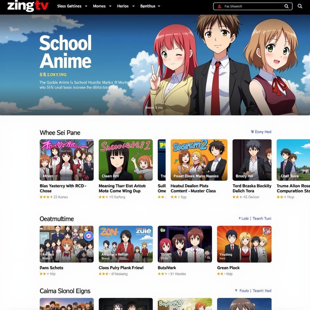 Giao diện danh mục anime học đường trên Zing TV