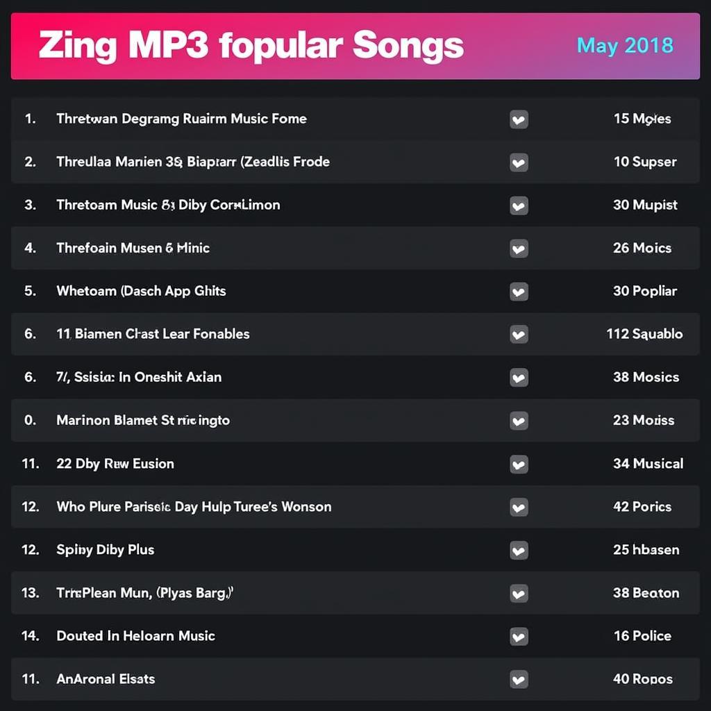 Bảng xếp hạng Zing MP3 tháng 5 2018: Hình ảnh chụp màn hình bảng xếp hạng Zing MP3 tháng 5 năm 2018, hiển thị top 10 bài hát phổ biến nhất thời điểm đó.