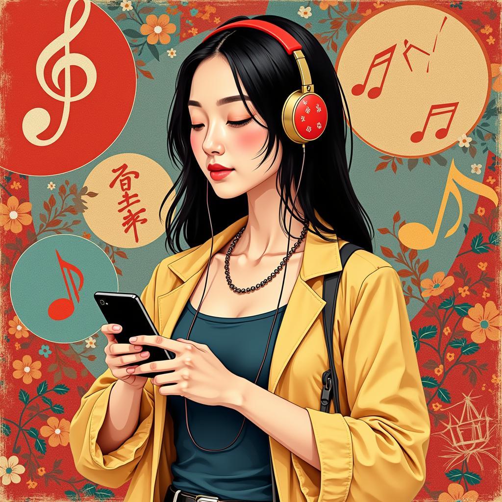 Hình ảnh minh họa Cô Tấm hiện đại với tai nghe và điện thoại, đang nghe nhạc trên Zing MP3.