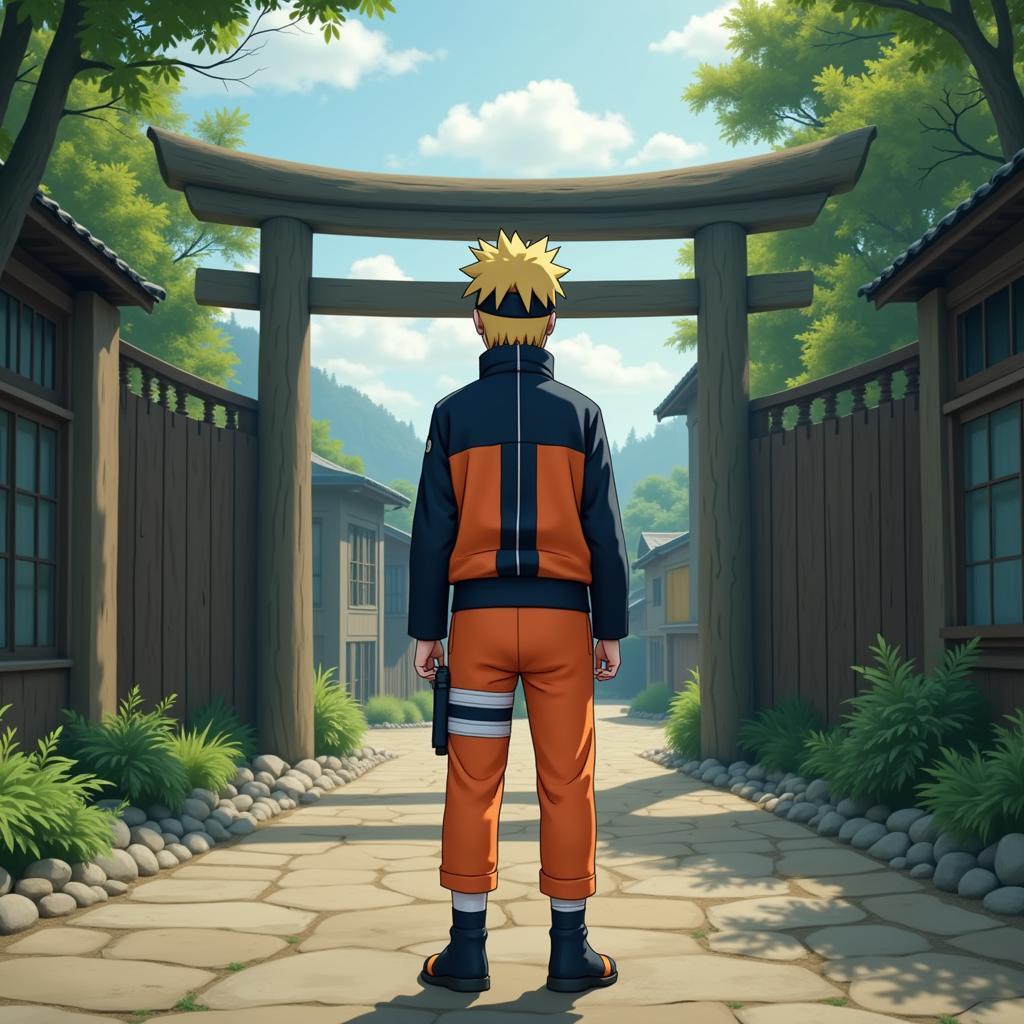 Hình ảnh Naruto Uzumaki với trang phục quen thuộc, đứng trước cổng làng Lá.