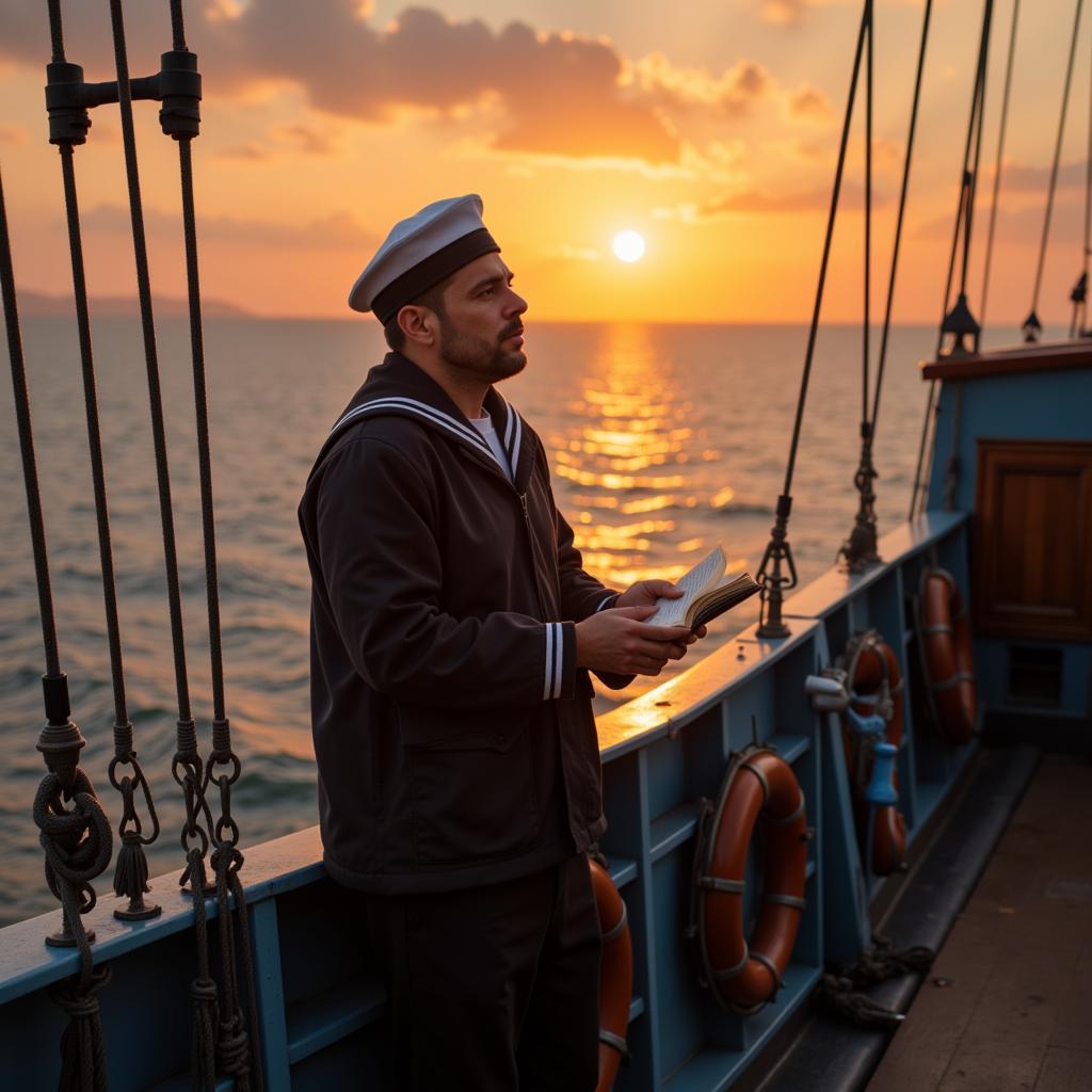 Lời Ru Của Biển: Hình ảnh một thủy thủ đang ngân nga giai điệu a sailorman's hymn Zing trên boong tàu, giữa biển khơi mênh mông.