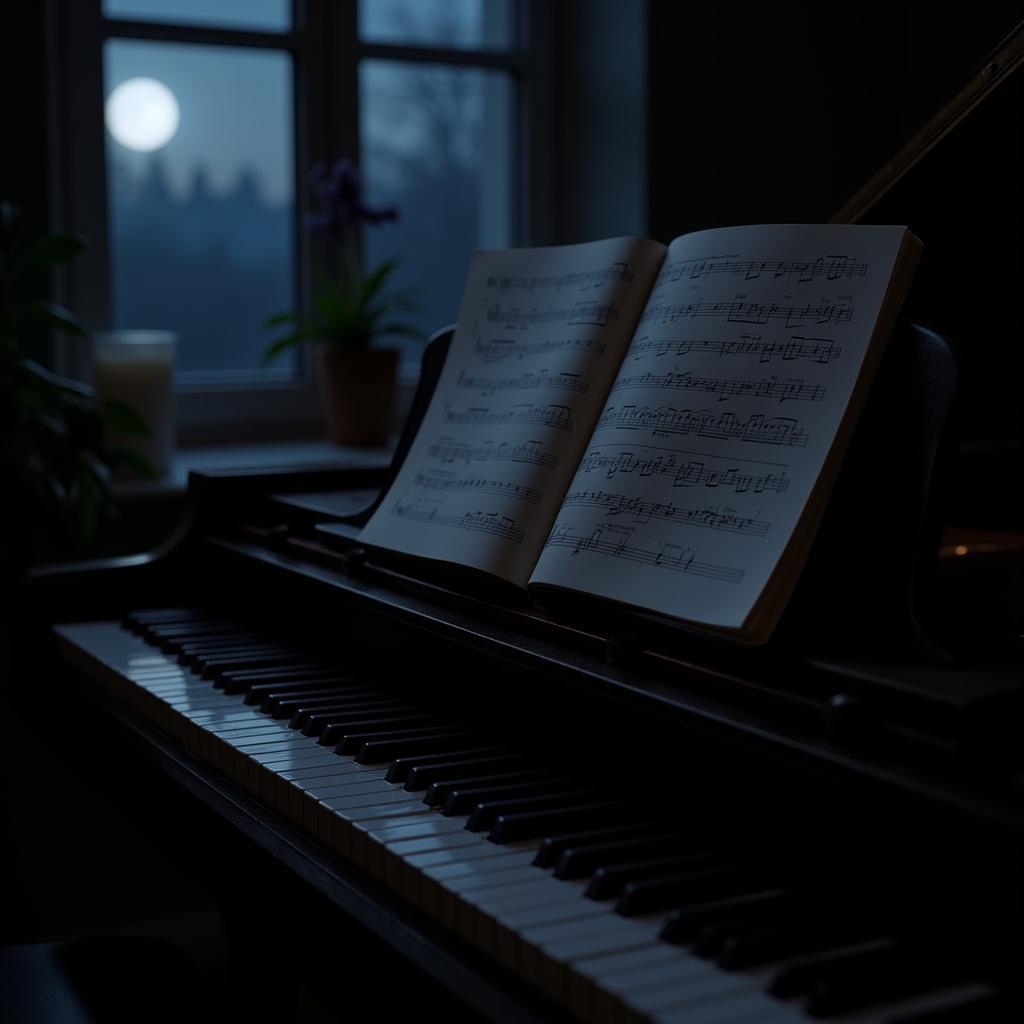 Bản nhạc nocturne trên phím đàn piano vào đêm khuya