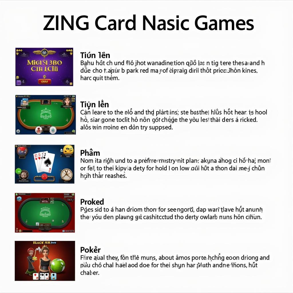 Các thể loại game bài Zing phổ biến như Tiến lên, Phỏm, Poker