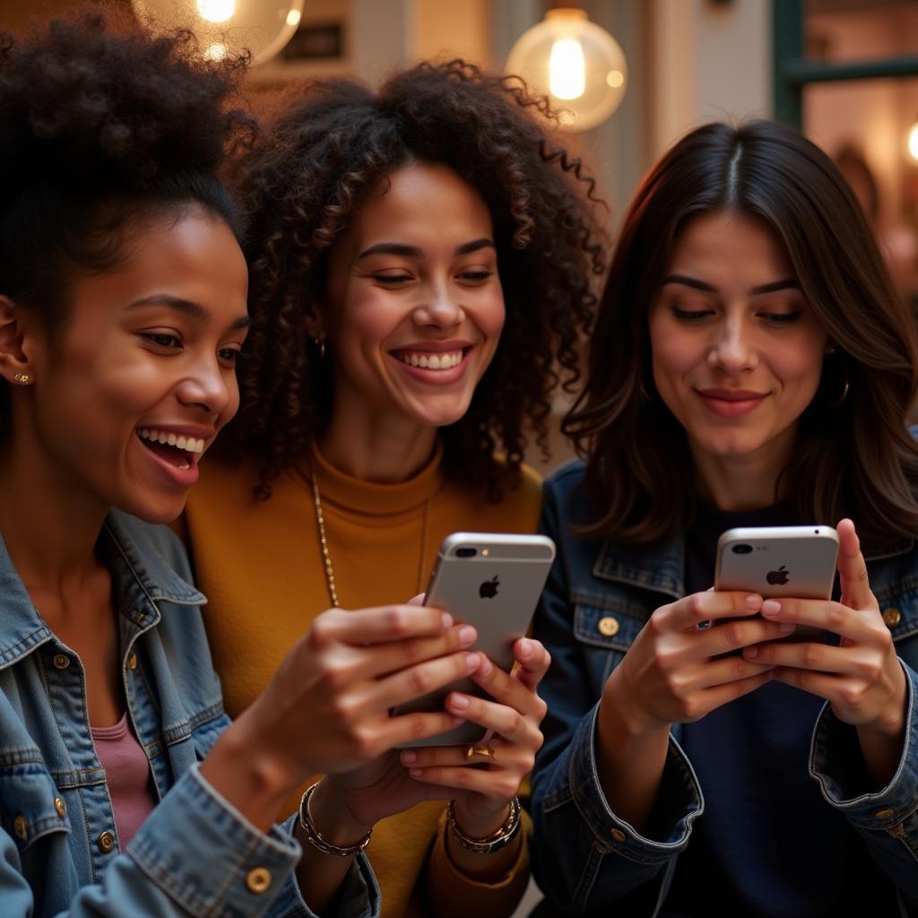 A group of Vietnamese friends listening to Celine Dion's "It's Hard to Say Goodbye" together on their phones using the Zing MP3 app.