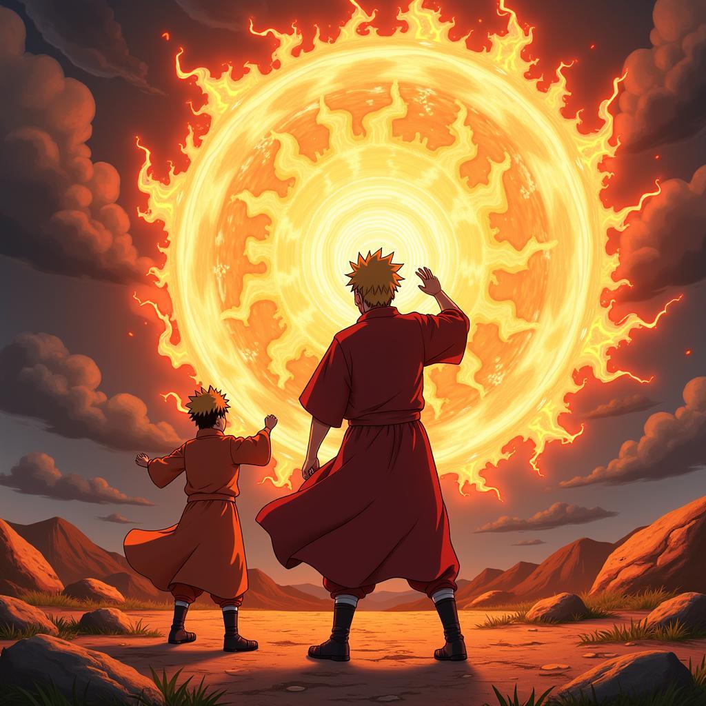 Naruto đang luyện tập Rasengan cùng Jiraiya. Hình ảnh thể hiện sự nỗ lực không ngừng nghỉ của Naruto trên con đường trở thành Hokage.