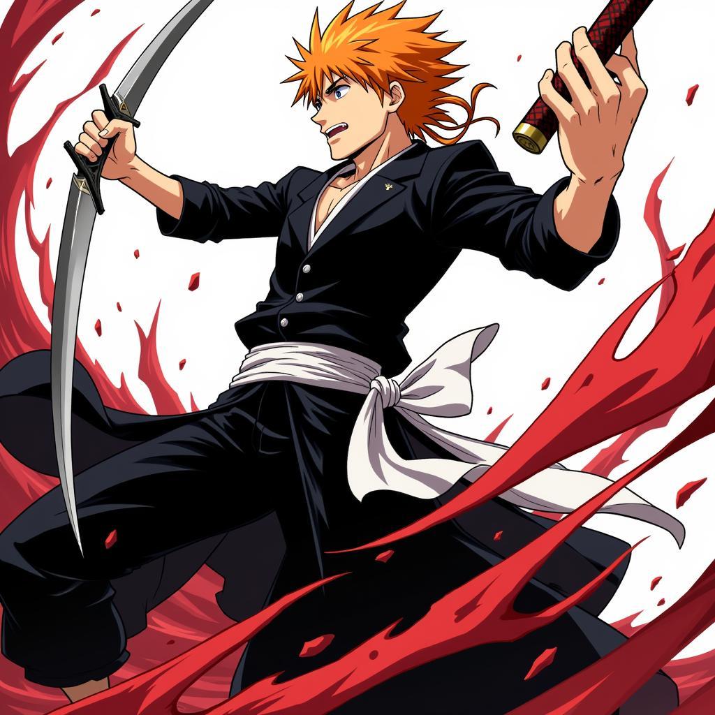 Hình ảnh Kurosaki Ichigo, nhân vật chính trong Black Thần Chết, với mái tóc màu cam đặc trưng và thanh kiếm Zanpakuto.