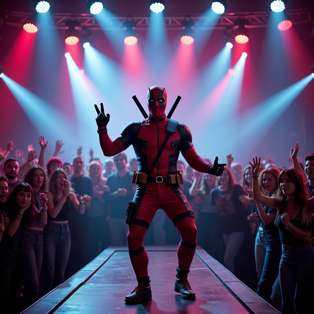 Hình ảnh Deadpool đang rap trên sân khấu với hiệu ứng ánh sáng hiện đại