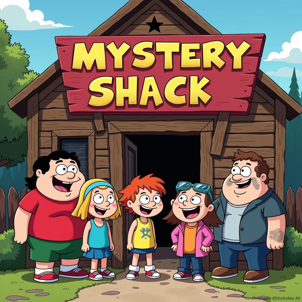 Các nhân vật chính trong Gravity Falls tụ tập trước Mystery Shack